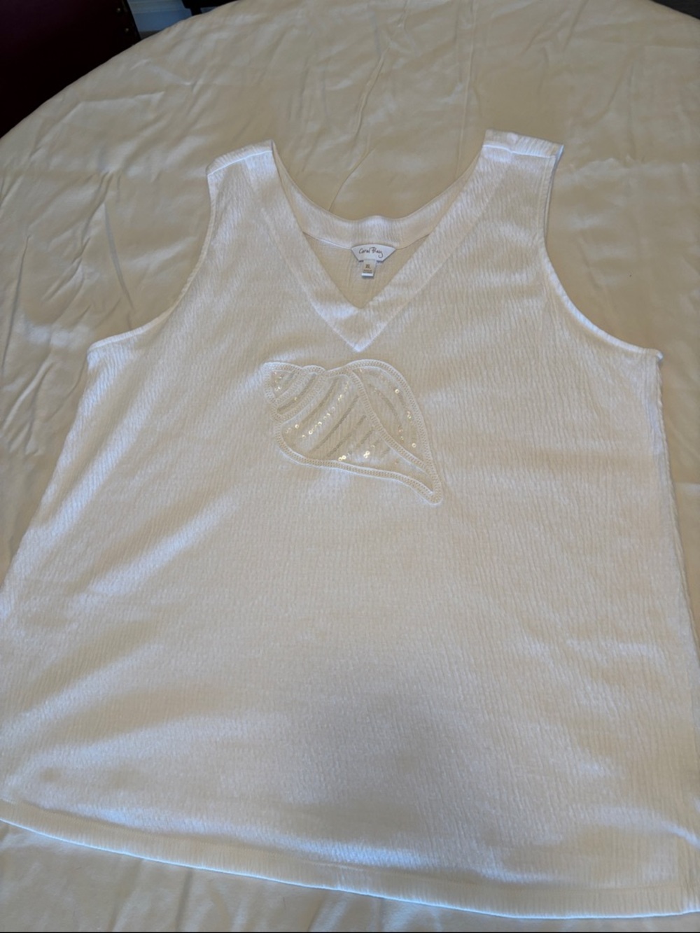 Coral Bay White Sleeveless V-Neck Tank with Beaded Shell Accent